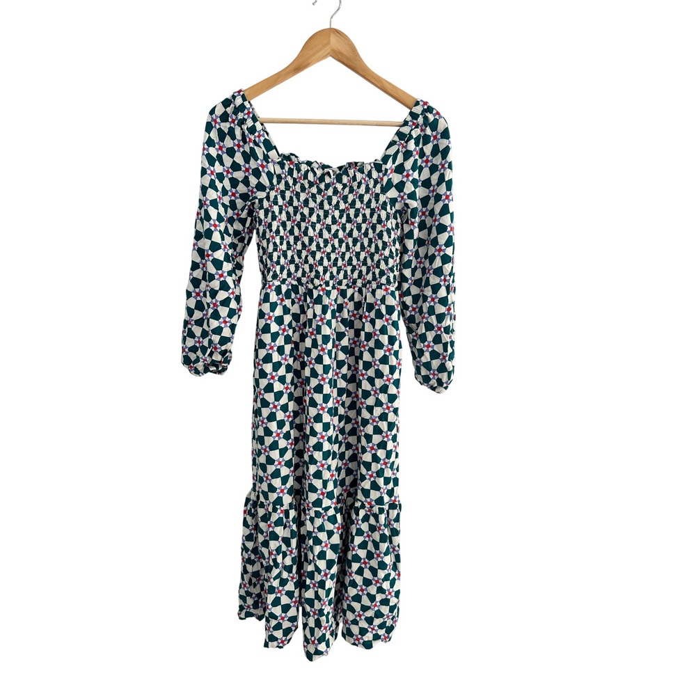 Hanna Andersson Geometric Floral Smocked Midi Dress Size XS Square Neck Casual